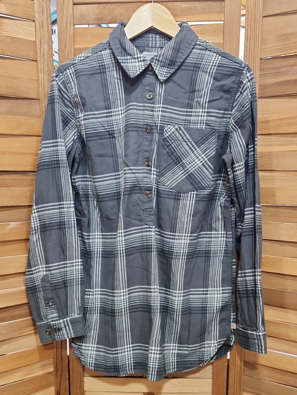 Carhartt Gray White Plaid Button-Up Flannel Tunic Women M 8/10 Long Sleeve